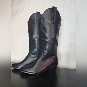 Liliana Women Block Heel Knee High Cowboy Boots ALEXIA Black